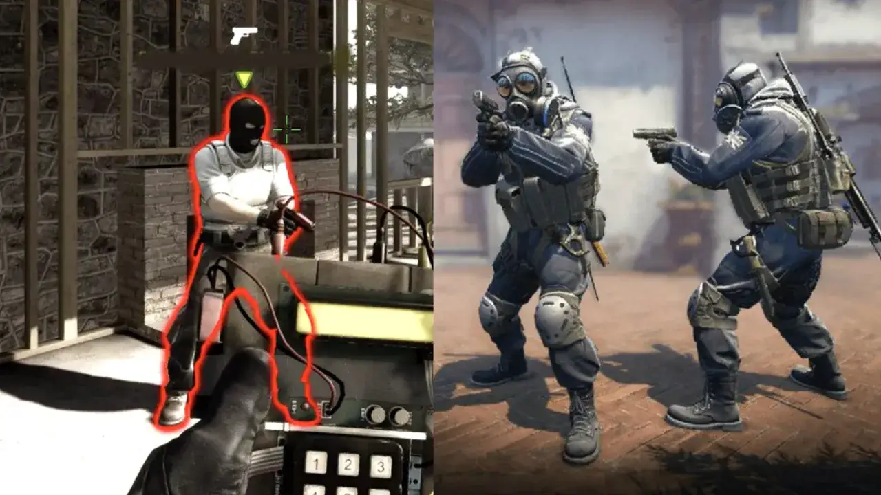 Gracz z aimbotem w CS:GO celuje w przeciwnika. Po prawej dwaj żołnierze w maskach gazowych.