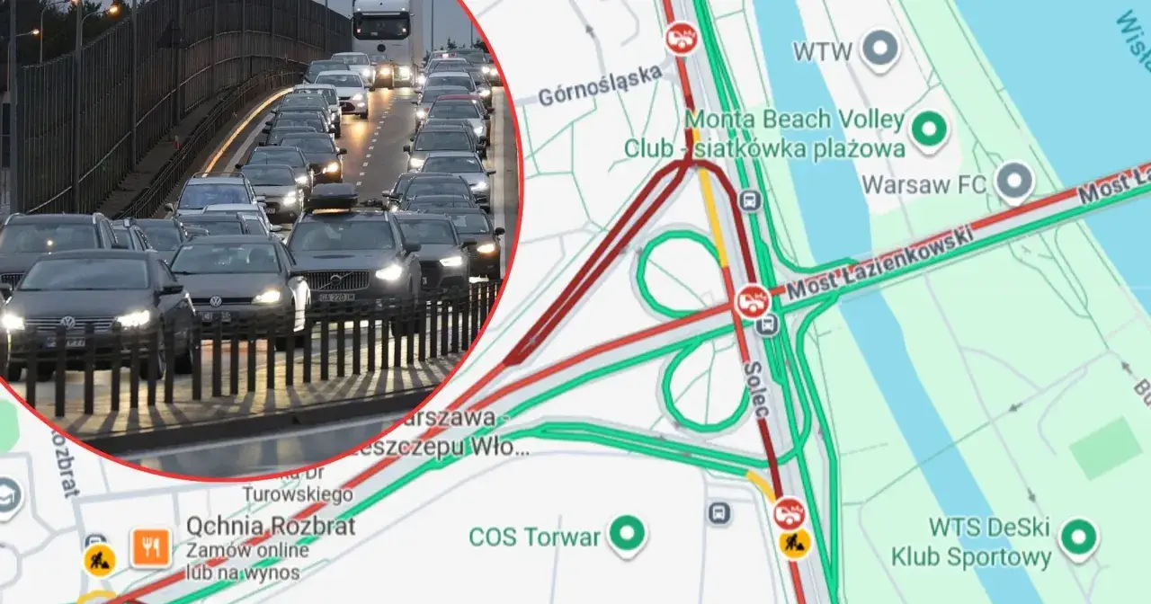 Korek na Wisłostradzie dziś. Mapa pokazuje czerwone linie, symbolizujące utrudnienia w ruchu.
