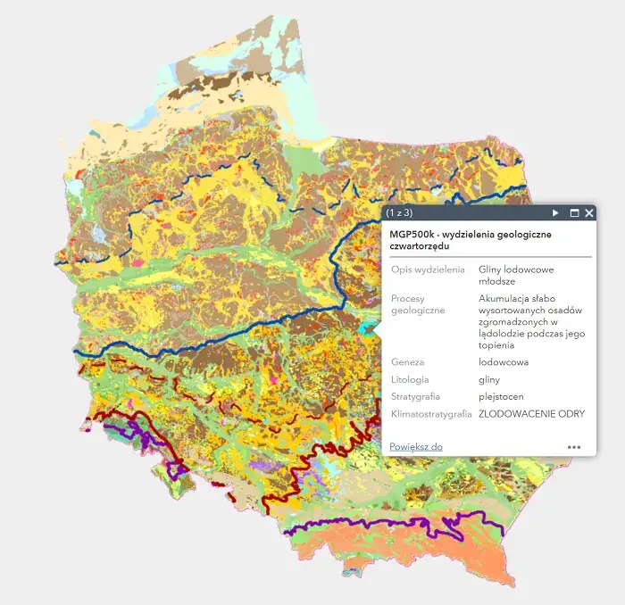 Mapa geologiczna Polski z oznaczeniem zł&oacute;ż kruszywa
