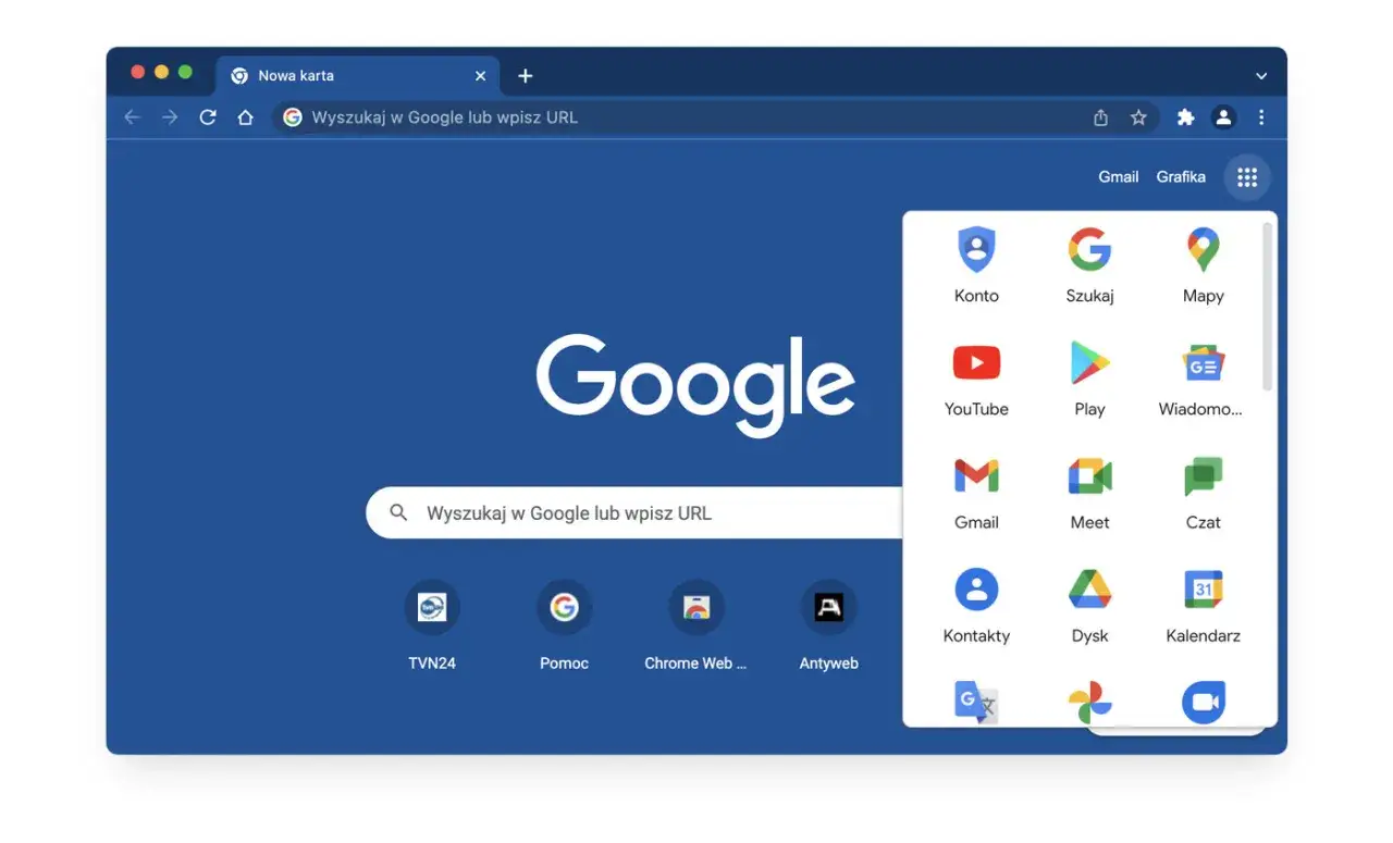 Ekran przeglądarki Google Chrome z widocznym menu aplikacji. Dowiedz się, jak przywrócić Google na stronę startową w telefonie, korzystając z tych ikon.