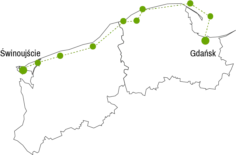 Mapa trasy rowerowej EuroVelo 10 w Polsce