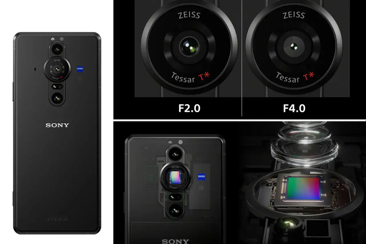Tył czarnego Sony Xperia Pro I z modułem aparat&oacute;w ZEISS Tessar. Obok por&oacute;wnanie przysłon F2.0 i F4.0.