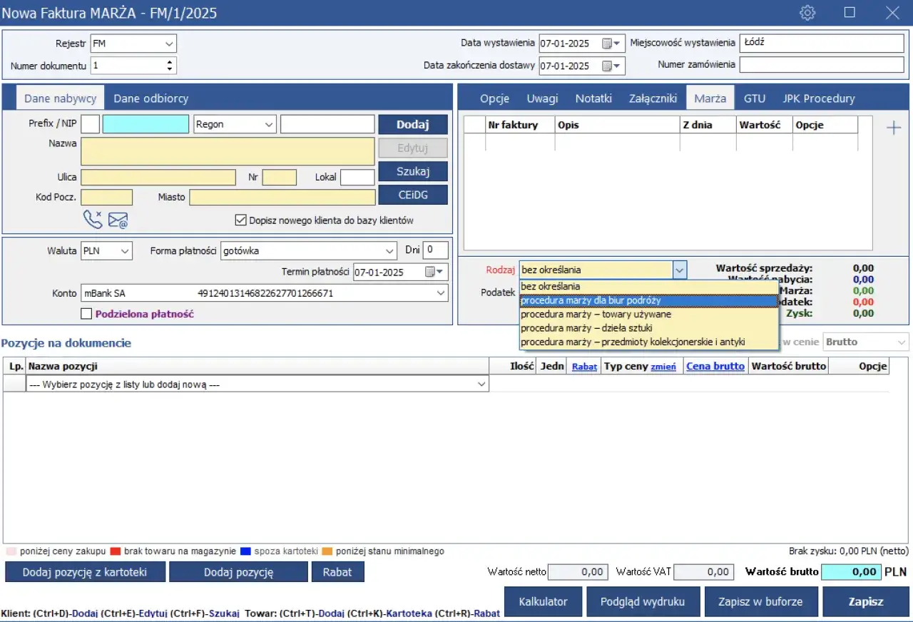 Formularz faktury VAT marża. Wybór procedury marży dla biur podróży.