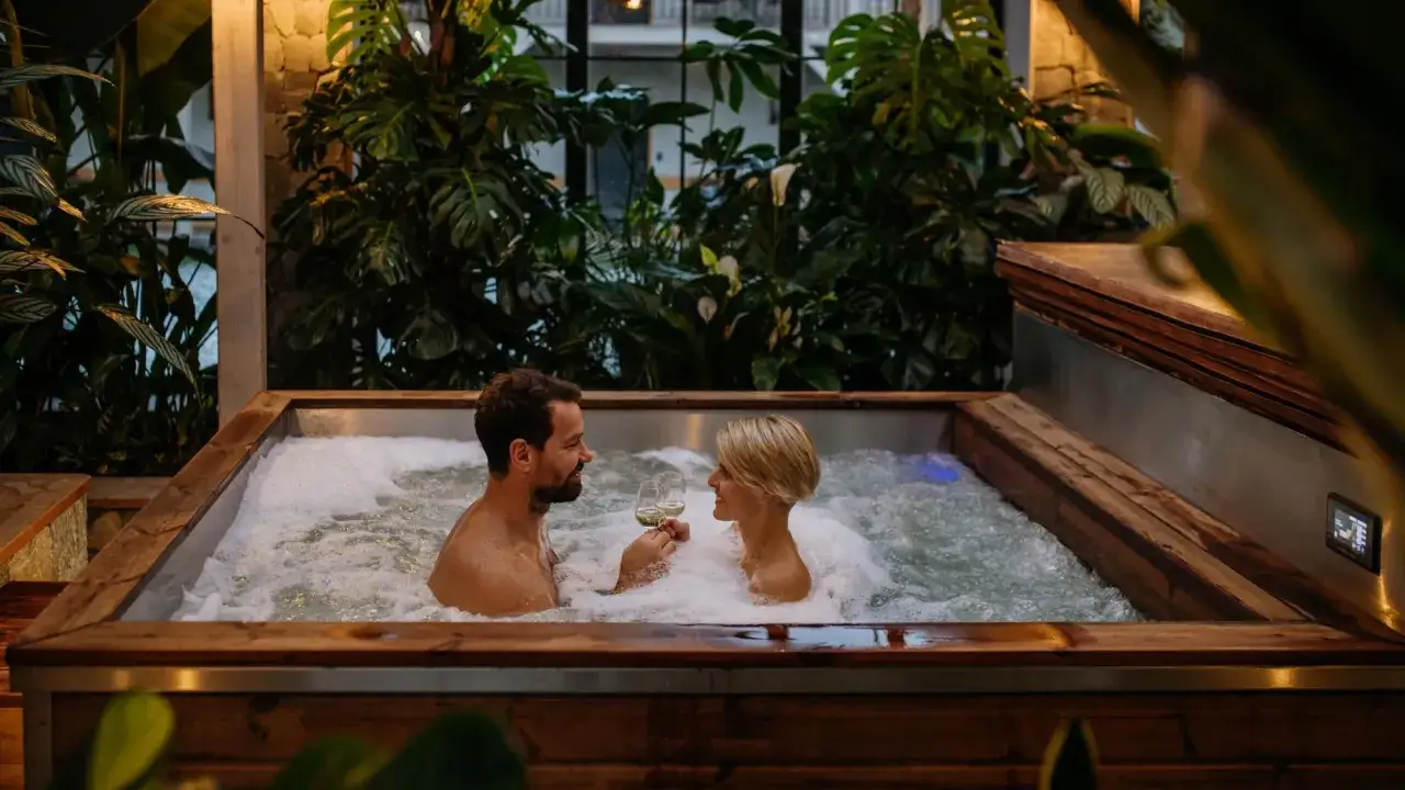 Para relaksujący wieczór we dwoje: para cieszy się kąpielą w jacuzzi, wznosząc toasty. Idealne spa dla dwojga w Łodzi.
