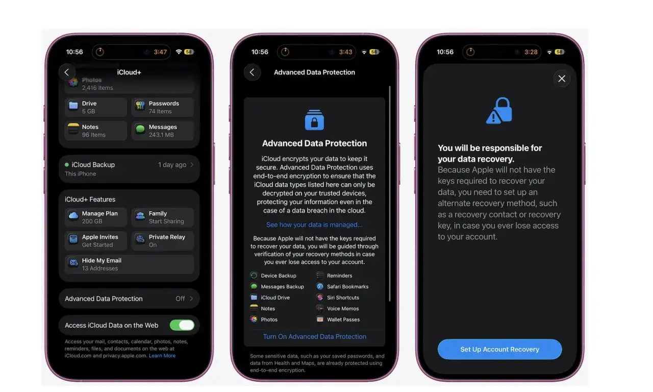 Ekran iPhone 13 pokazuje ustawienia iCloud, w tym zaawansowaną ochronę danych. Dowiedz się, jak zresetować iPhone 13 i zabezpieczyć dane.