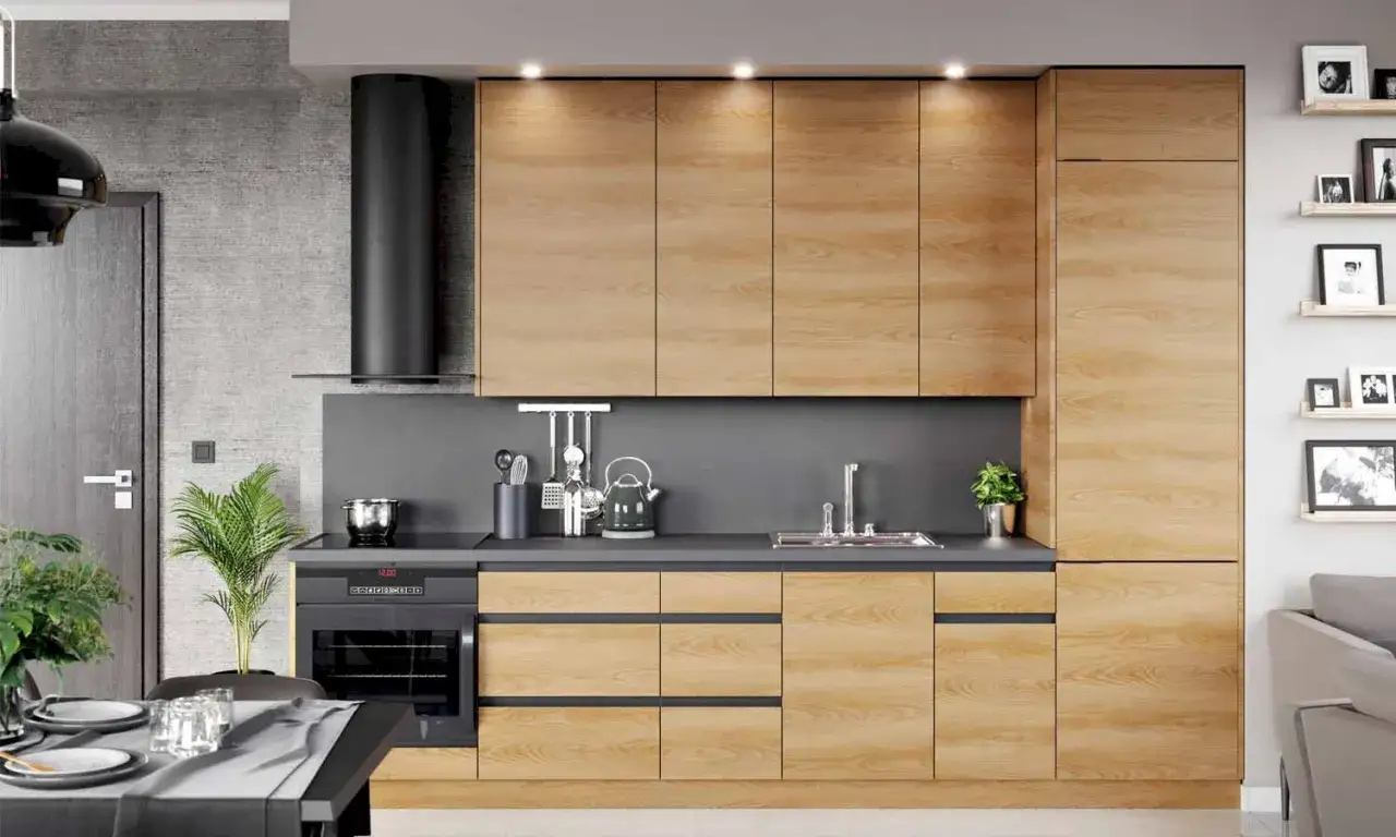 Nowoczesna kuchnia w bloku zabudowa do sufitu