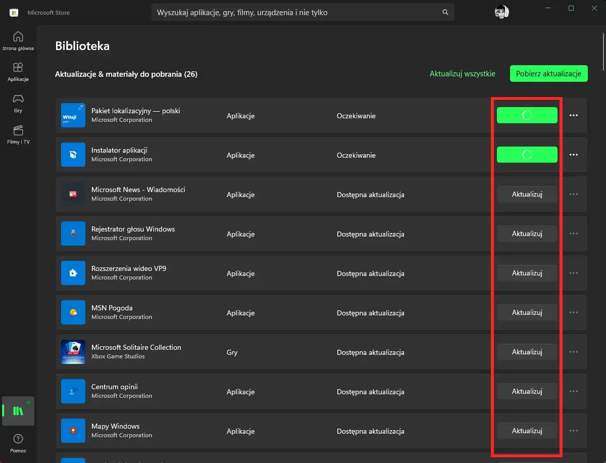 Biblioteka Microsoft Store pokazuje, jak pobrać aplikację ze sklepu Windows. Widoczne są aktualizacje i materiały do pobrania, z przyciskami 