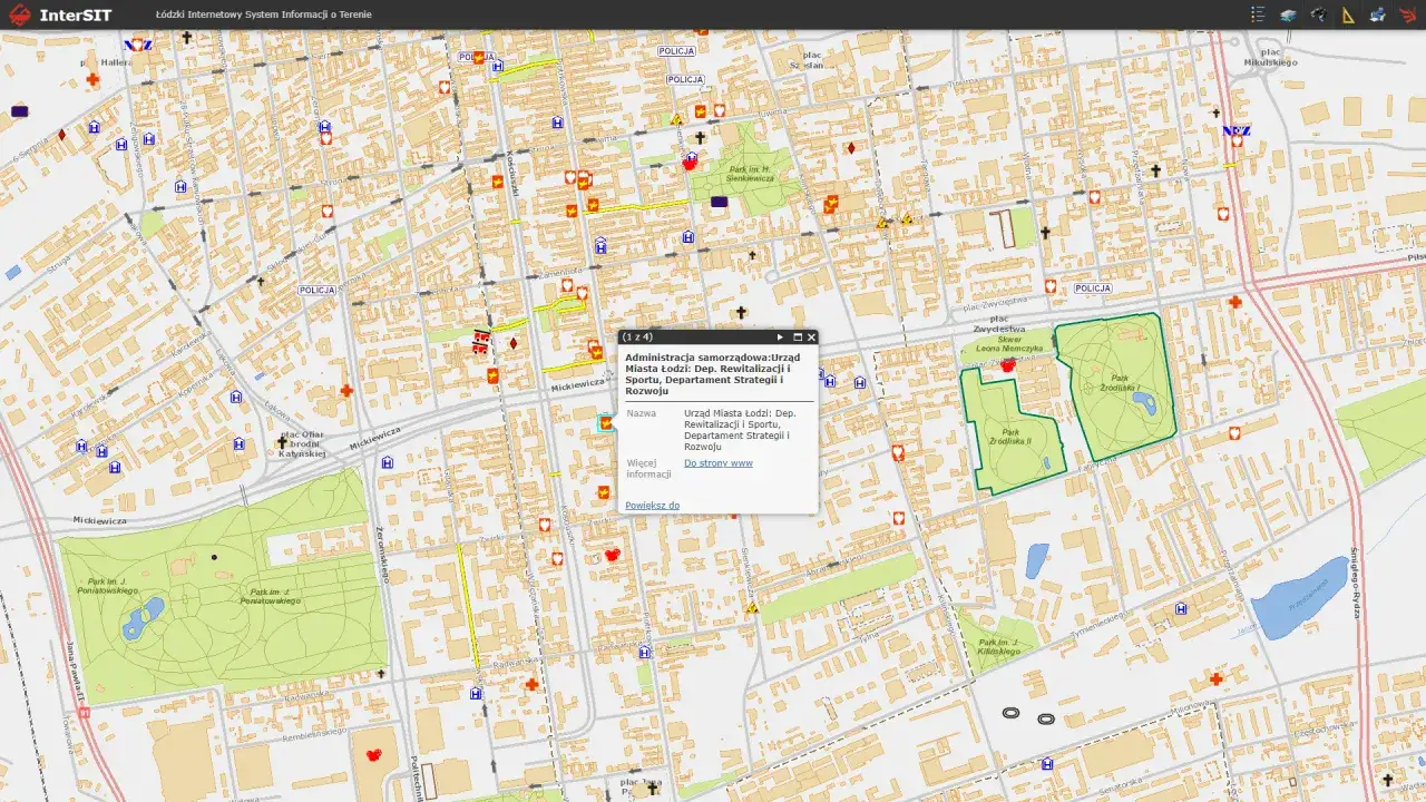 Mapa Łodzi centrum Piotrkowska z zaznaczonymi placówkami medycznymi NFZ