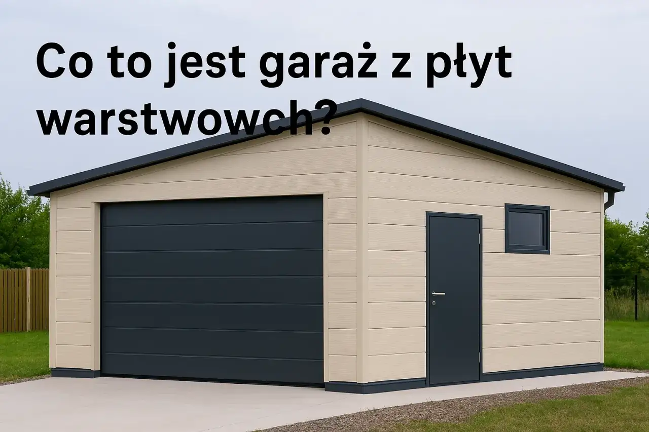 Nowoczesny garaż z płyt warstwowych, z ciemną bramą i drzwiami, okienkiem i beżową elewacją.