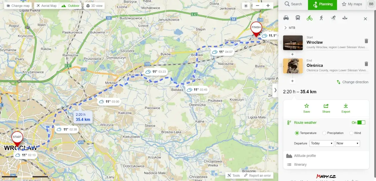 Trasa rowerowa z Wrocławia do Oleśnicy, 35,4 km, 2:20h. Planowanie **portale rowerowe** na mapie.