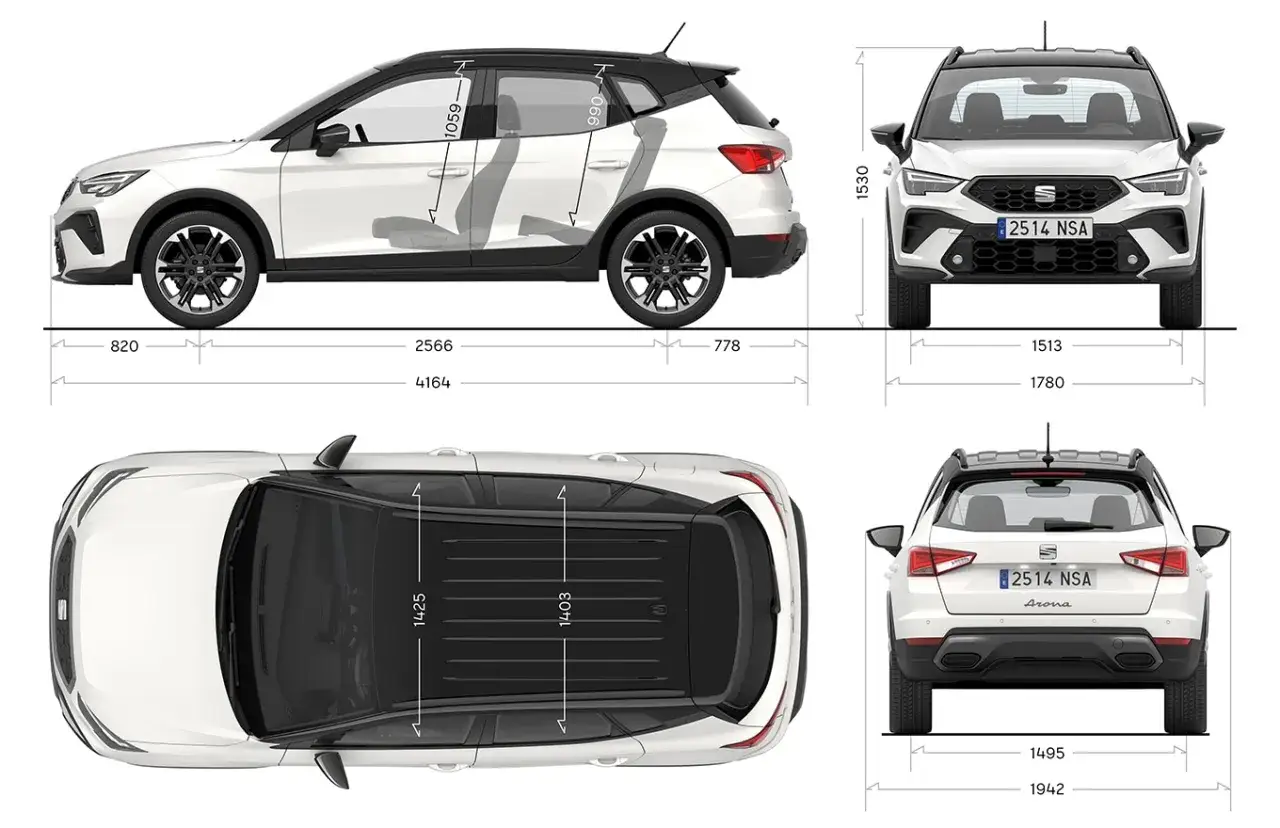 Schemat Seat Arona wymiary: długość 4164 mm, szerokość 1780 mm, wysokość 1530 mm. Rozstaw osi 2566 mm.