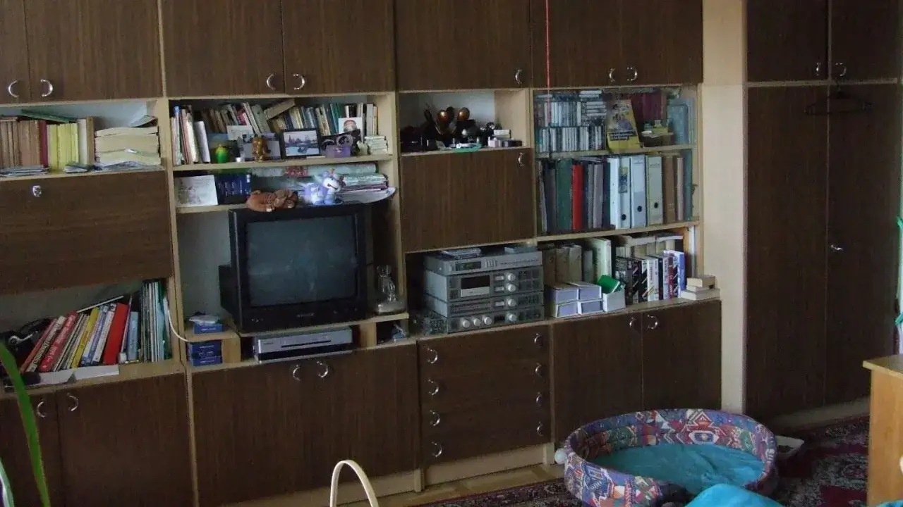 Wnętrze z lat 90. z meblościanką pełną książek, kaset VHS, telewizorem i wieżą stereo.
