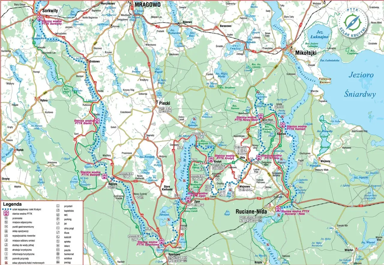 Mapa szlaku kajakowego Krutyni z zaznaczonymi odcinkami