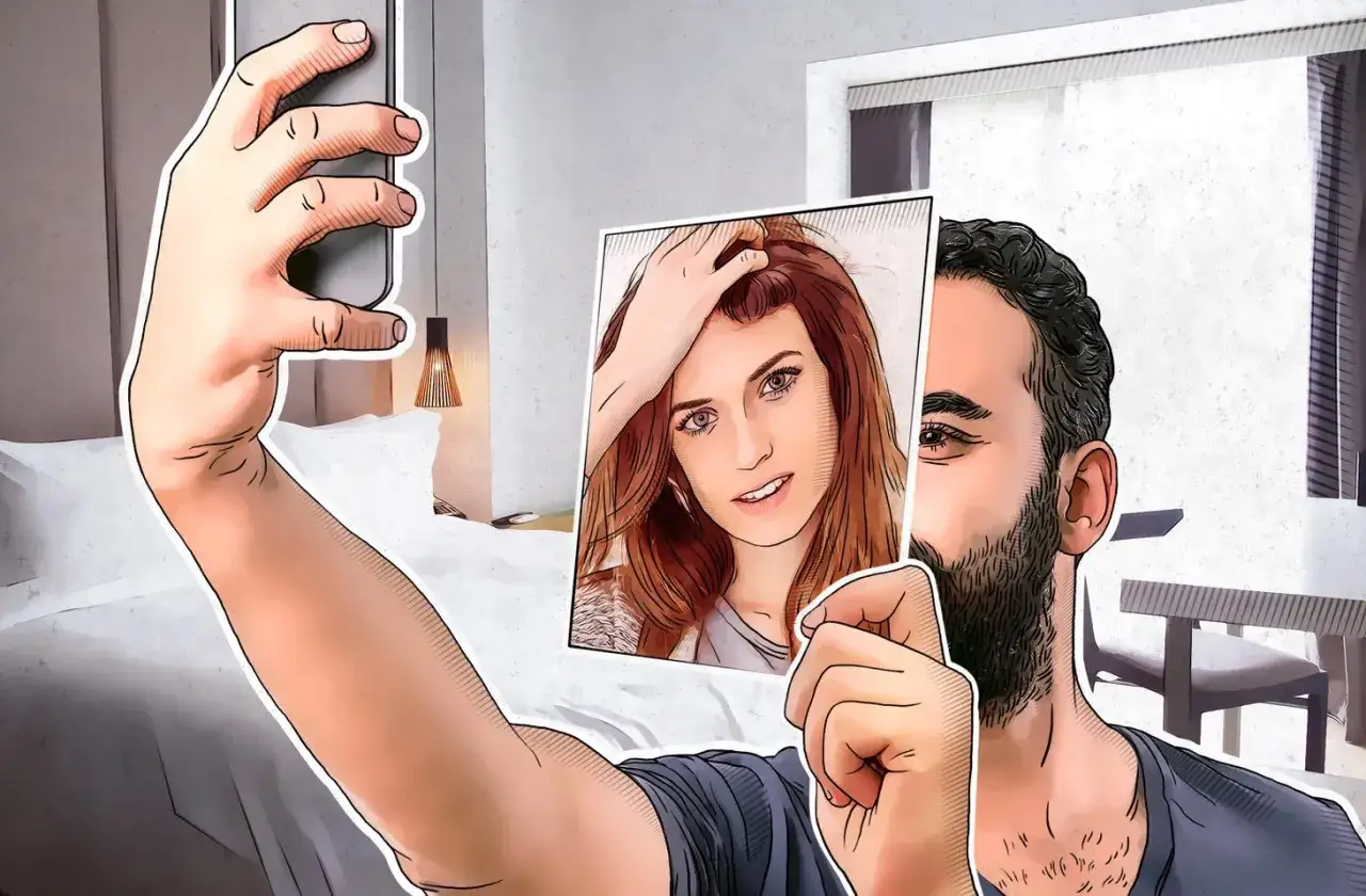 Mężczyzna trzyma telefon, próbując odblokować go przez aparat, używając zdjęcia kobiety.