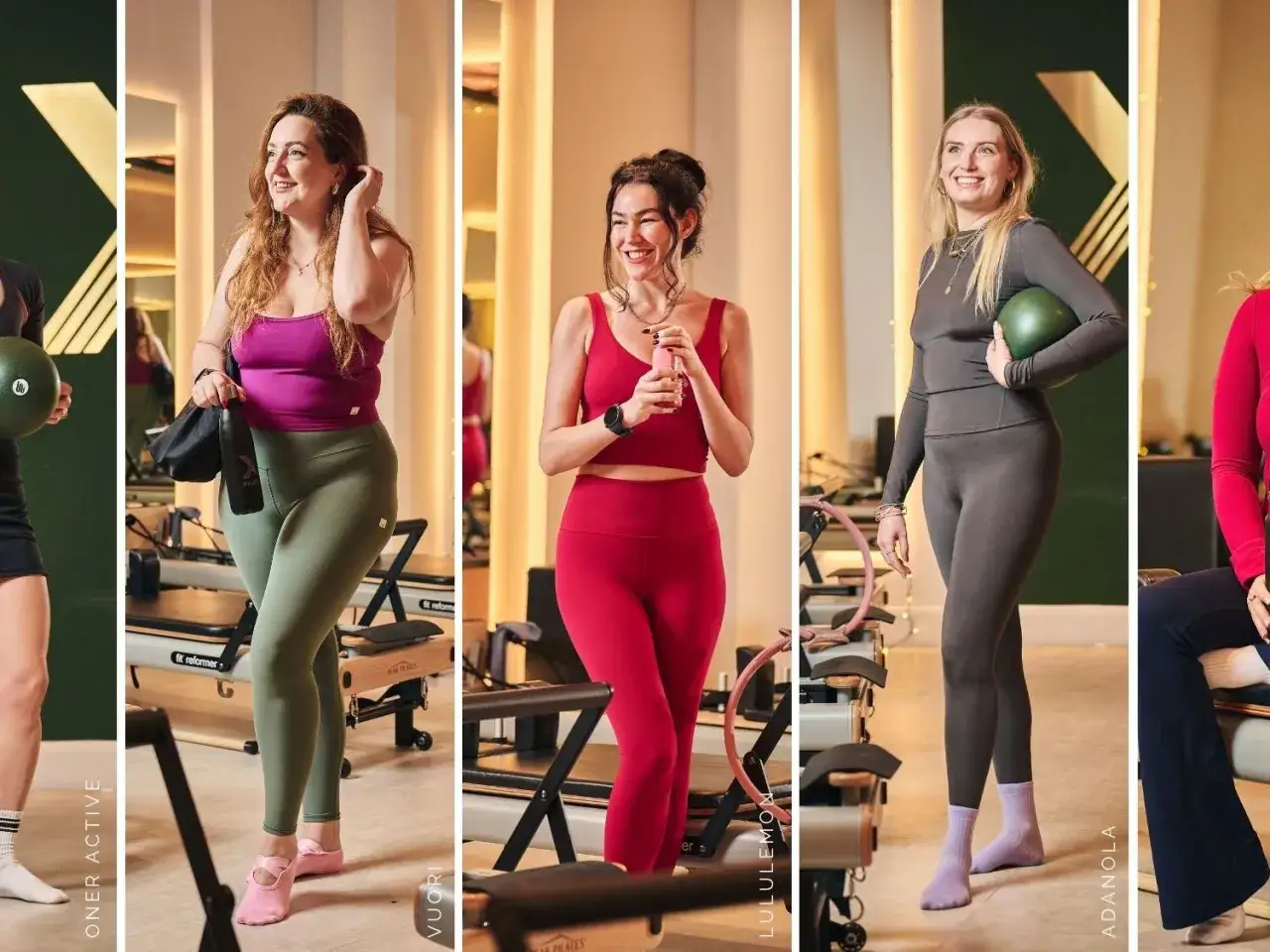 Kobiety w strojach do pilates ćwiczą na reformerach.