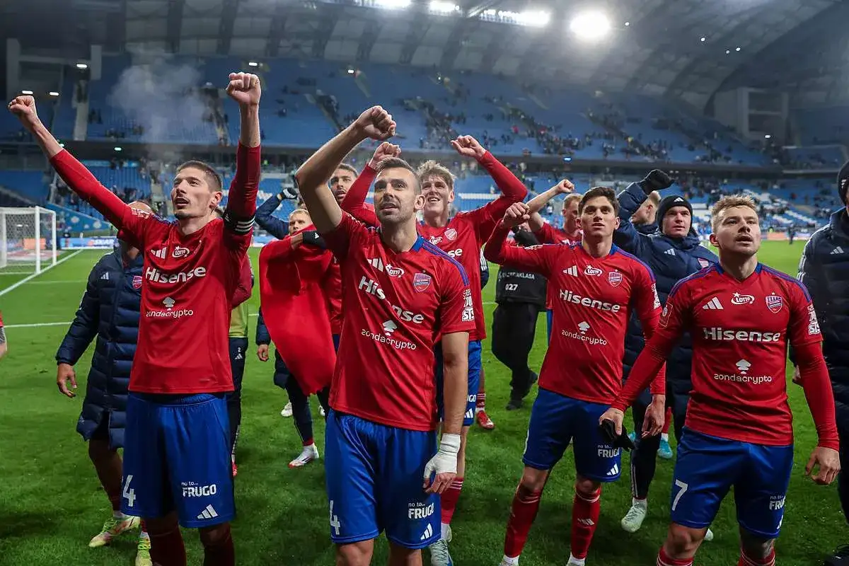 Radość zawodników Rakowa Częstochowa po zwycięstwie. Piłkarze w czerwonych koszulkach i niebieskich spodenkach świętują z podniesionymi pięściami.