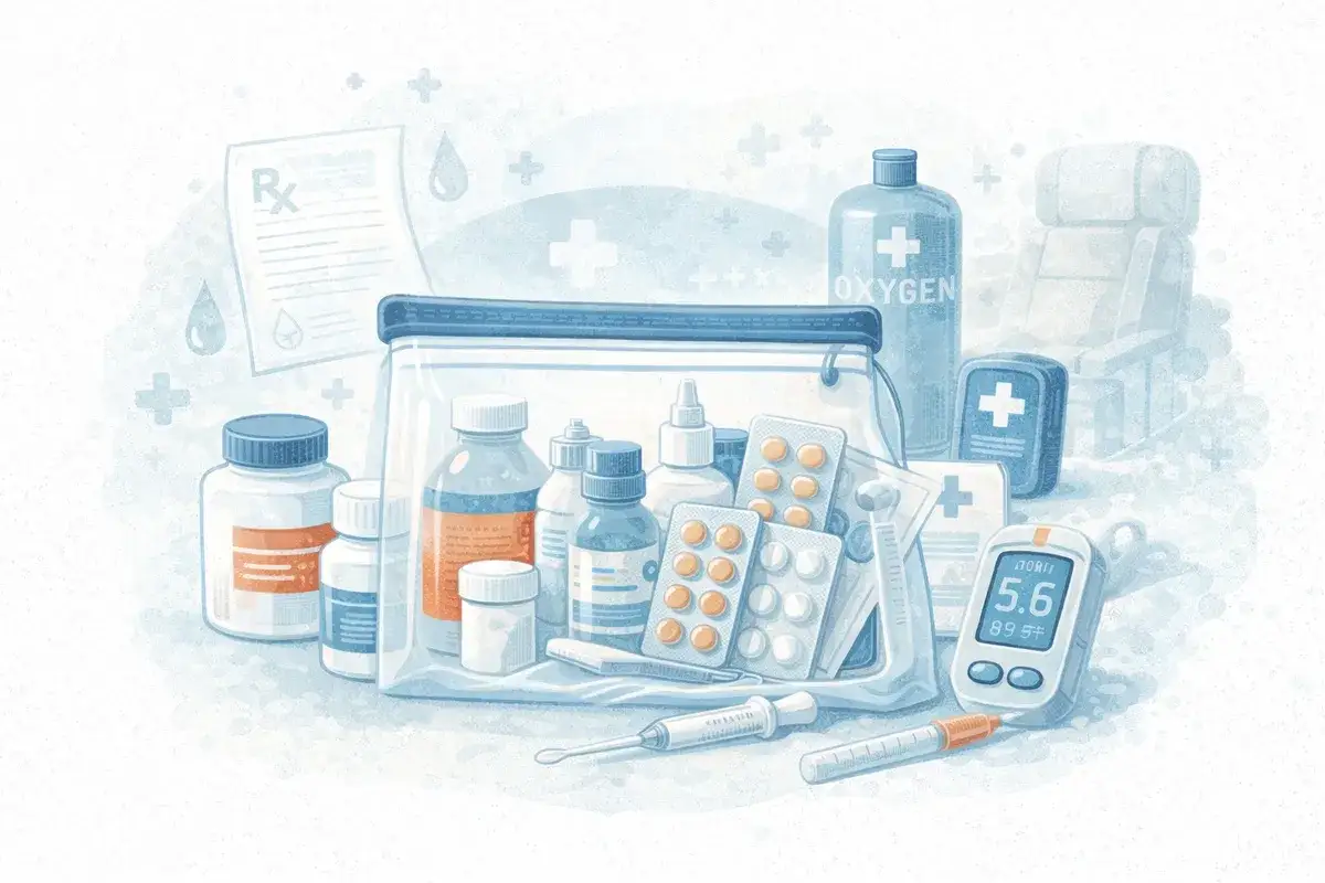 Apteczka podróżna z lekami, receptą i glukometrem. Dowiedz się, jak przewozić leki w samolocie, by podróż była bezpieczna.