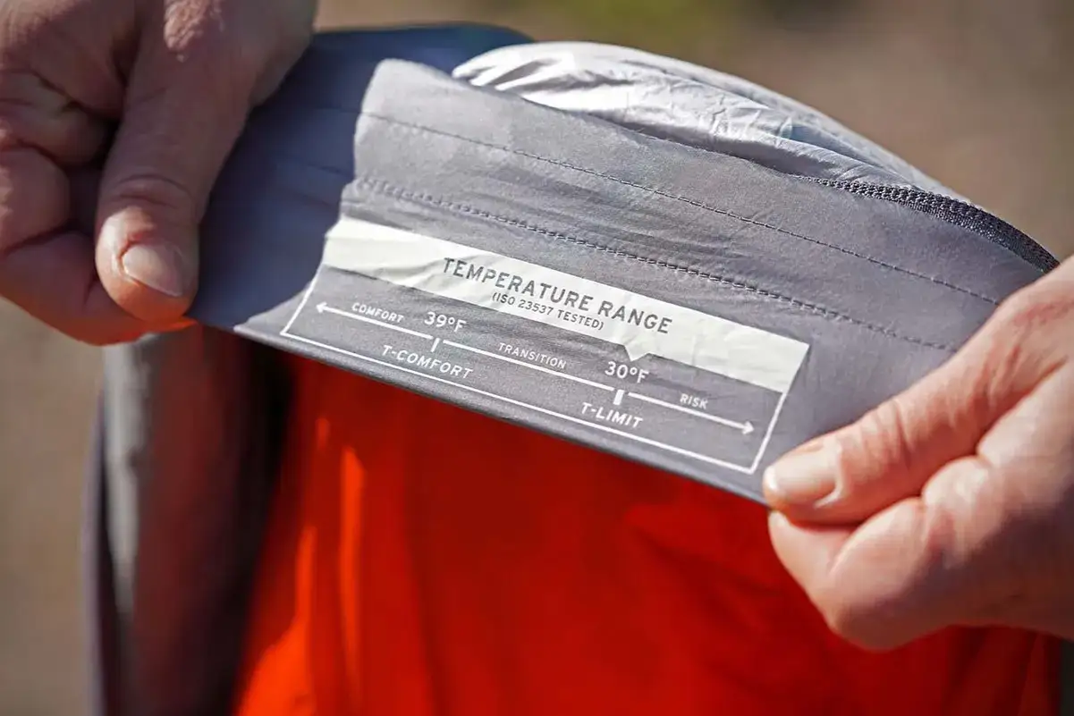 Ręce trzymają śpiw&oacute;r, odsłaniając metkę z zakresem temperatur. Określa ona komfortowy zakres od 39&deg;F do 30&deg;F, zapewniając optymalną temperaturę komfortu.