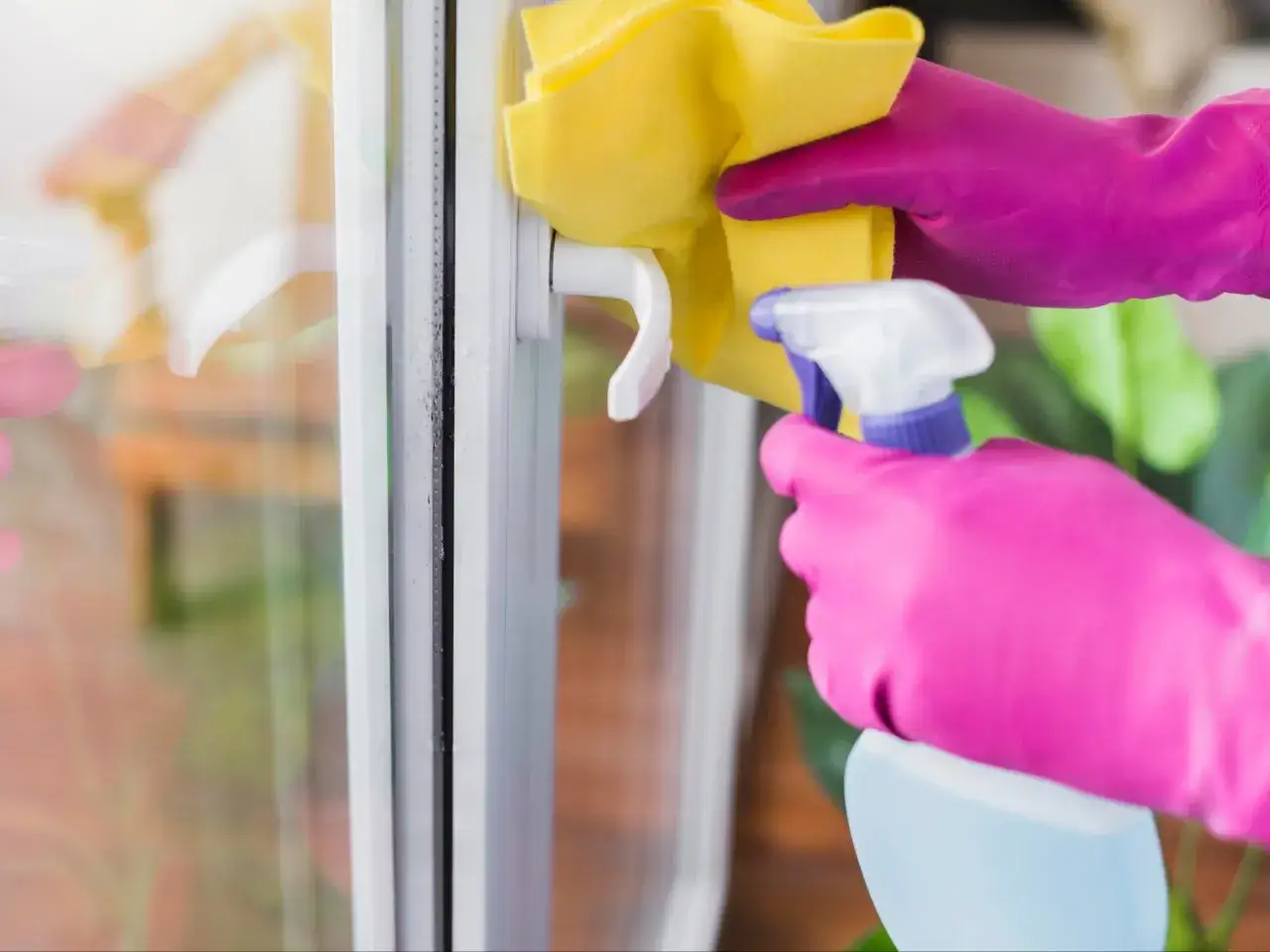 Ręce w r&oacute;żowych rękawiczkach czyszczą okno plastikowe ż&oacute;łtą ściereczką i płynem w sprayu.