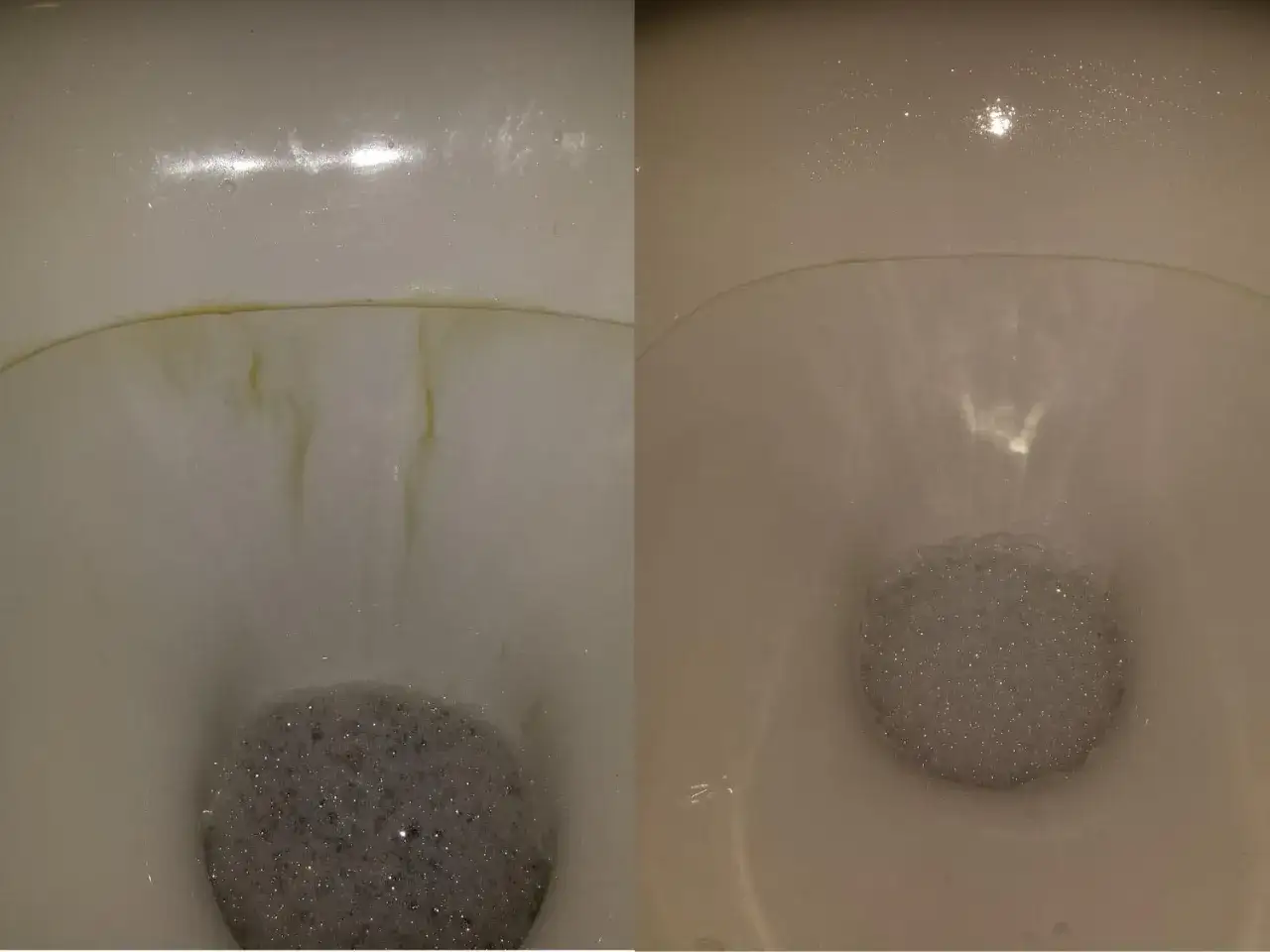 Przed i po: jak sprzątać łazienkę, by toaleta lśniła czystością. Widoczny osad i piana.