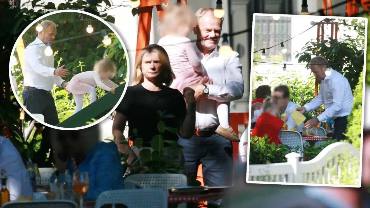 Donald Tusk z rodziną w ogrodzie. Widać, gdzie mieszka Donald Tusk, w otoczeniu zieleni i światełek.