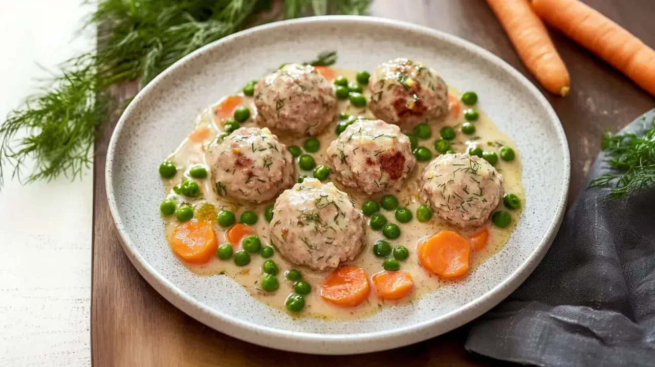 Pyszne pulpety z indyka w kremowym sosie z groszkiem i marchewką, posypane świeżym koperkiem.