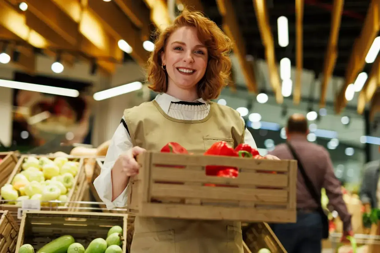 Uśmiechnięta sprzedawczyni z rudymi włosami trzyma skrzynkę papryk. Zastanawiasz się, ile zarabia właściciel małego sklepu spożywczego po odliczeniu podatków?