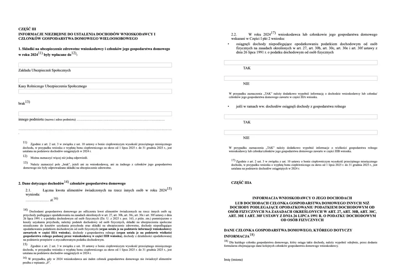 Formularz wniosku o dodatek do ogrzewania w bloku. Wypełniane dane dotyczące dochodów i informacji o członkach gospodarstwa domowego.
