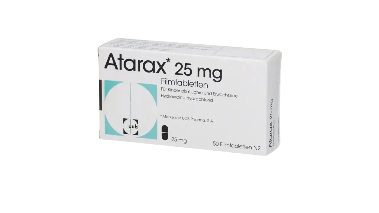 Opakowanie leku Atarax 25 mg z hydroksyzyną. Czy hydroksyzyna jest na receptę? Ten lek jest dostępny w opakowaniu 50 tabletek.