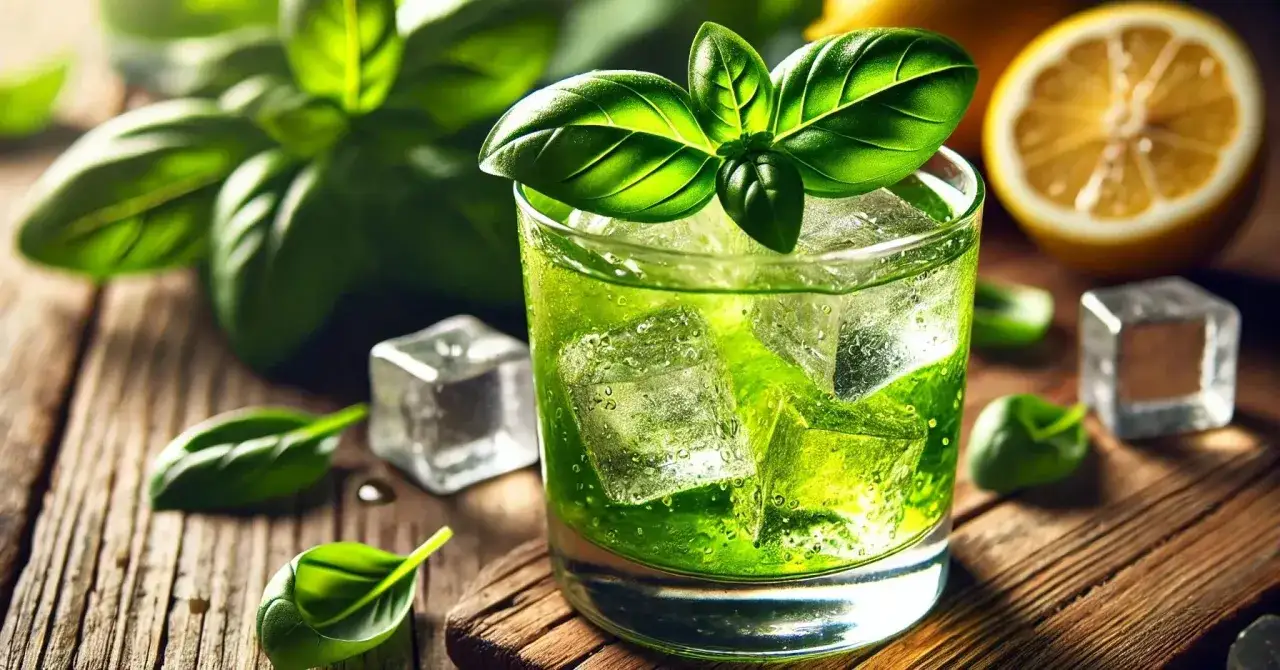 Orzeźwiający gin basil smash z listkami bazylii i kostkami lodu, w tle cytryna.