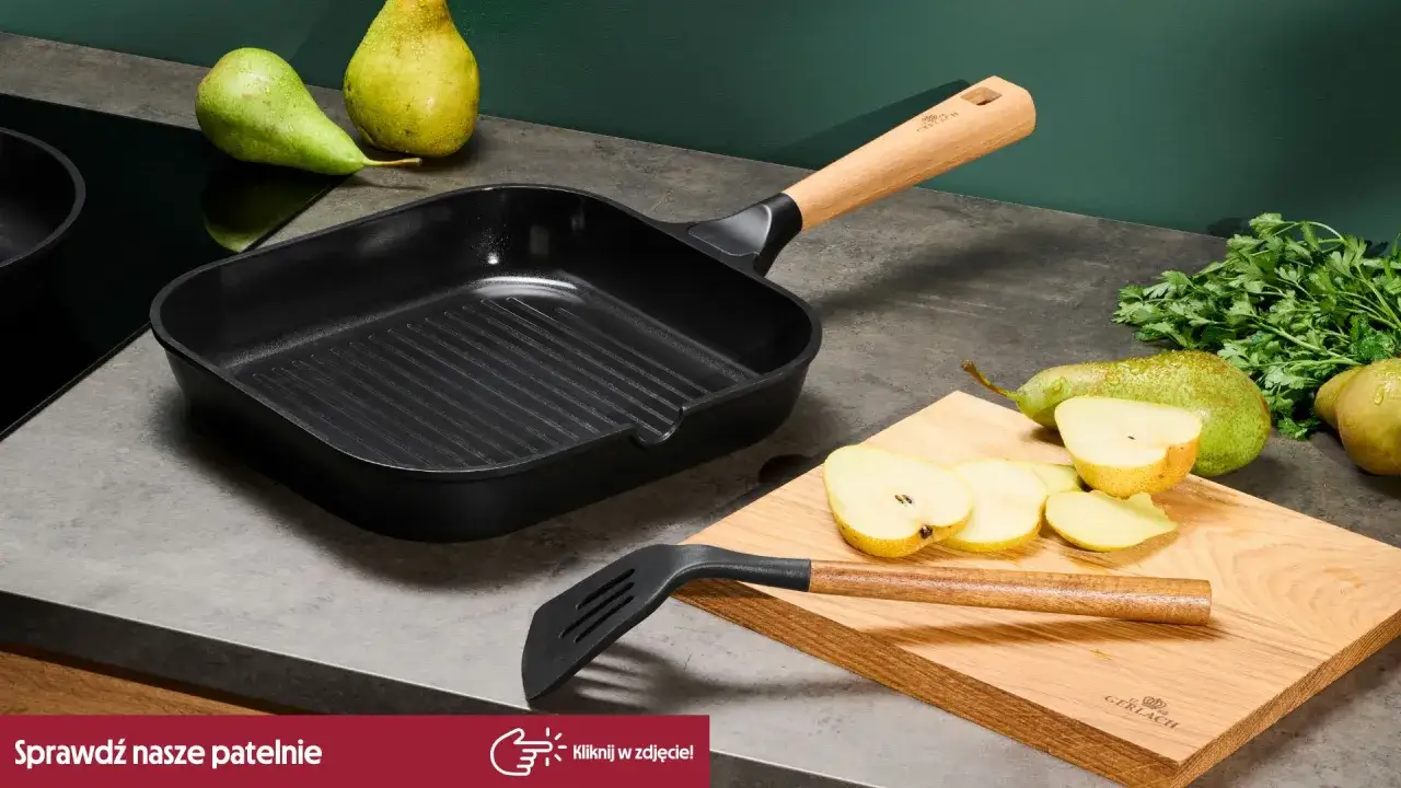 Grillowa patelnia Gerlach z drewnianą rączką i gruszkami. Dowiedz się, jakich patelni należy unikać, by gotować zdrowo.
