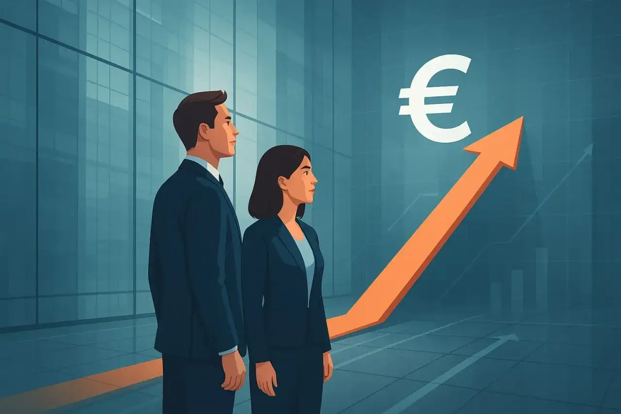 Biznesmeni patrzą na wykres wzrostu euro. Wskaźniki jakościowe pokazują pozytywny trend.