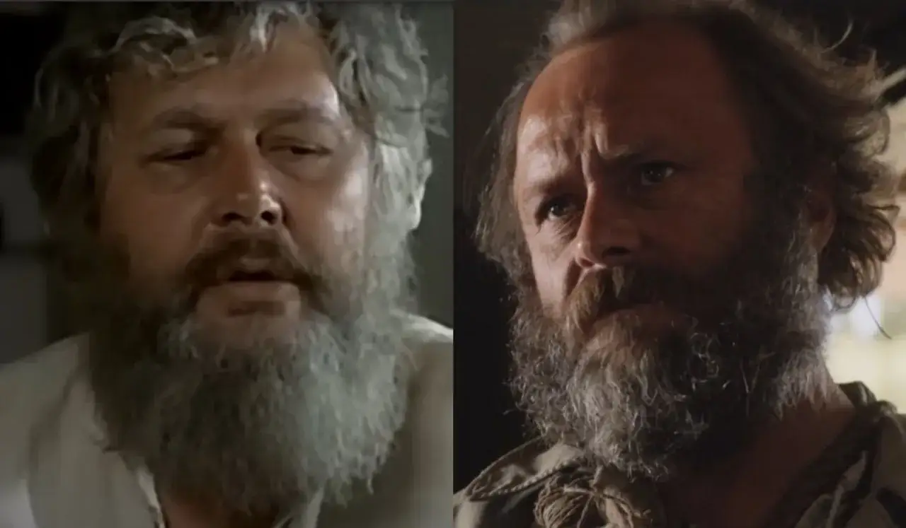 Dwaj mężczyźni z brodami, jeden z siwiejącą, drugi z ciemniejszą. Obaj wyglądają jak stary znachor.