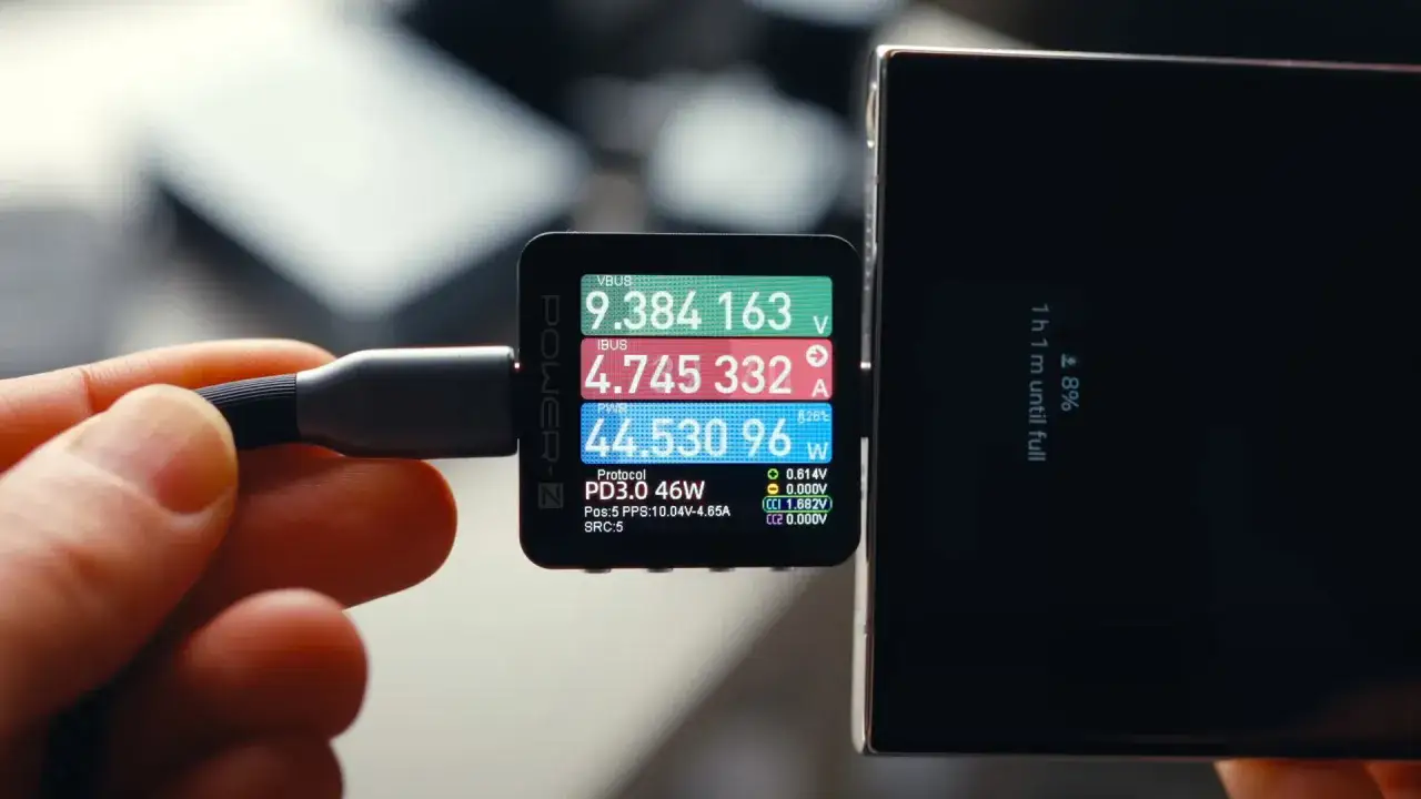 Miernik pokazuje, jak szybko naładować telefon: 46W PD 3.0, 9.38V, 4.74A. Telefon naładuje się w 1h 1m.