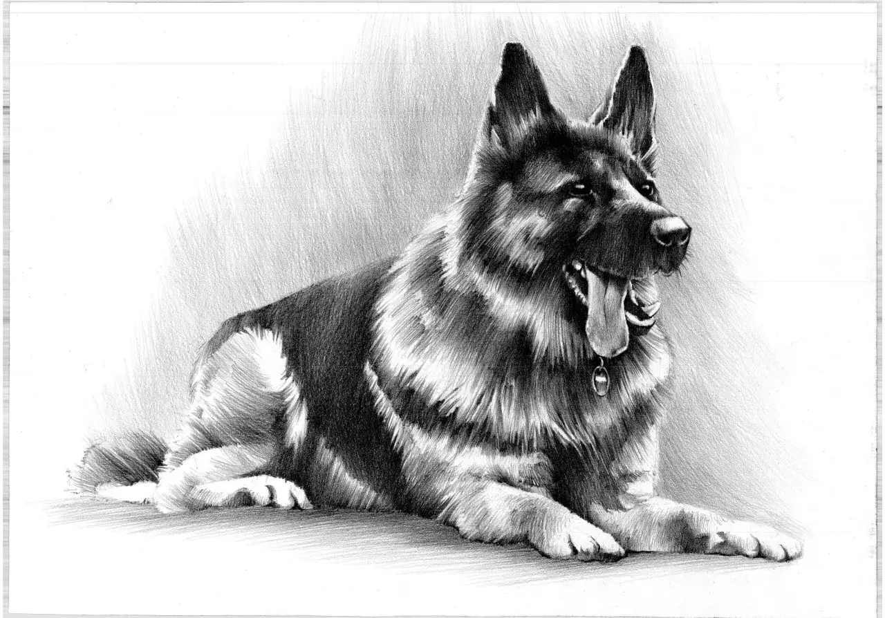 Portret owczarka leżącego, z językiem na wierzchu. Idealny do nauki, jak wytresować owczarka.