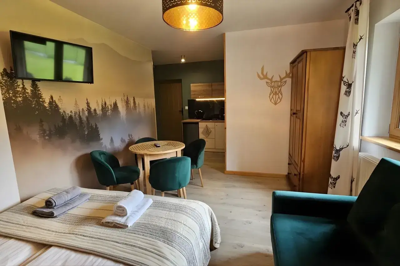 Willa pod zielonym wierchem: przytulny pok&oacute;j z widokiem na las, ł&oacute;żko, aneks kuchenny i wygodne fotele.