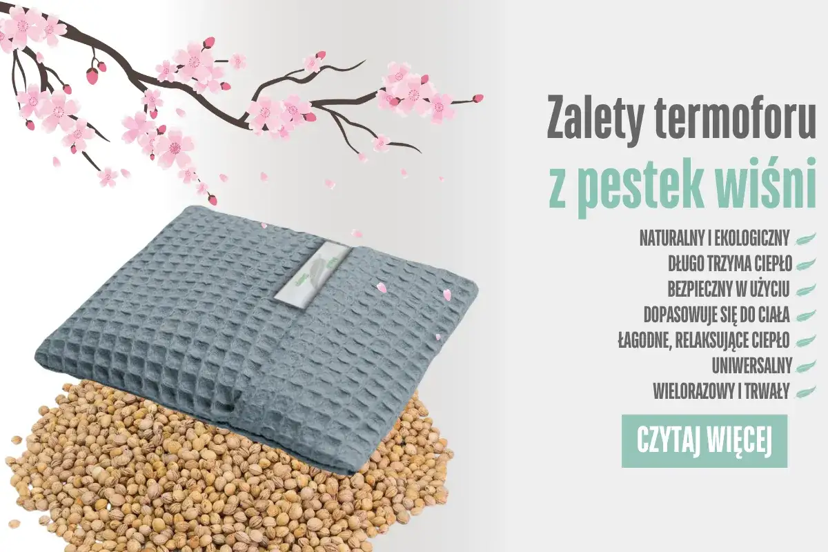 Szary termofor z pestek wiśni, idealny na chłodne dni. Naturalny, ekologiczny i wielorazowy.