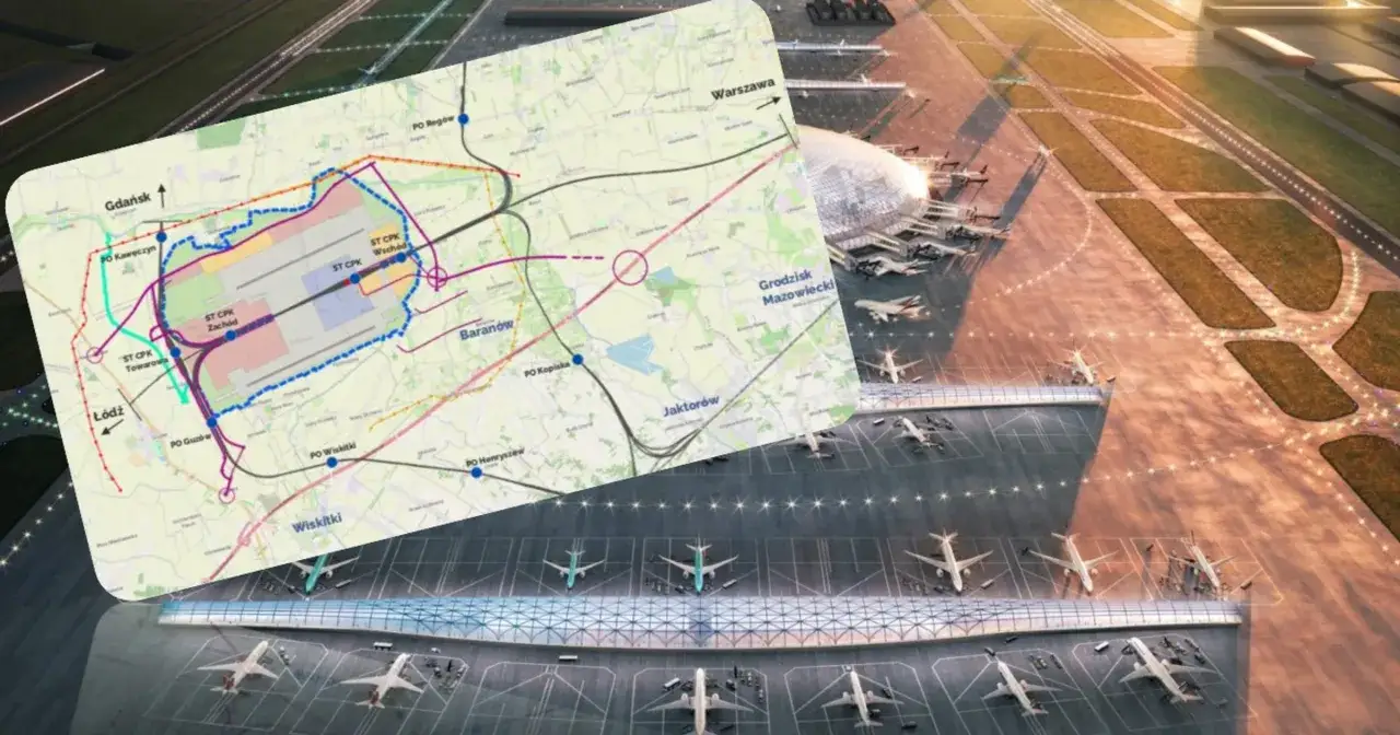 Mapa planowanego lotniska CPK pokazuje, ile jest pasów startowych w Warszawie. Wizualizacja lotniska z samolotami.