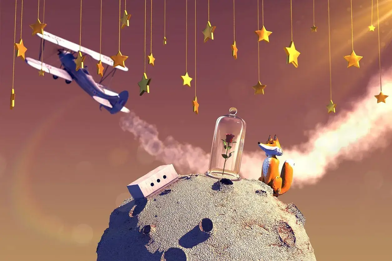 Lis patrzy na różę pod kloszem, gdy samolot odlatuje. Może to jest powód, dlaczego Mały Książę opuścił planetę.