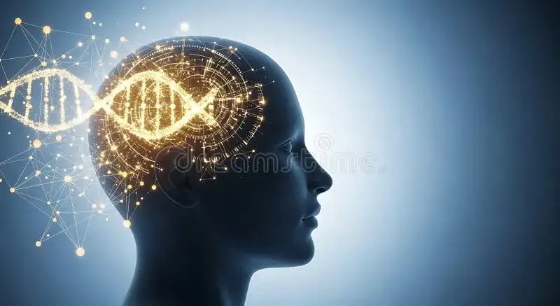 DNA helix and human brain silhouette