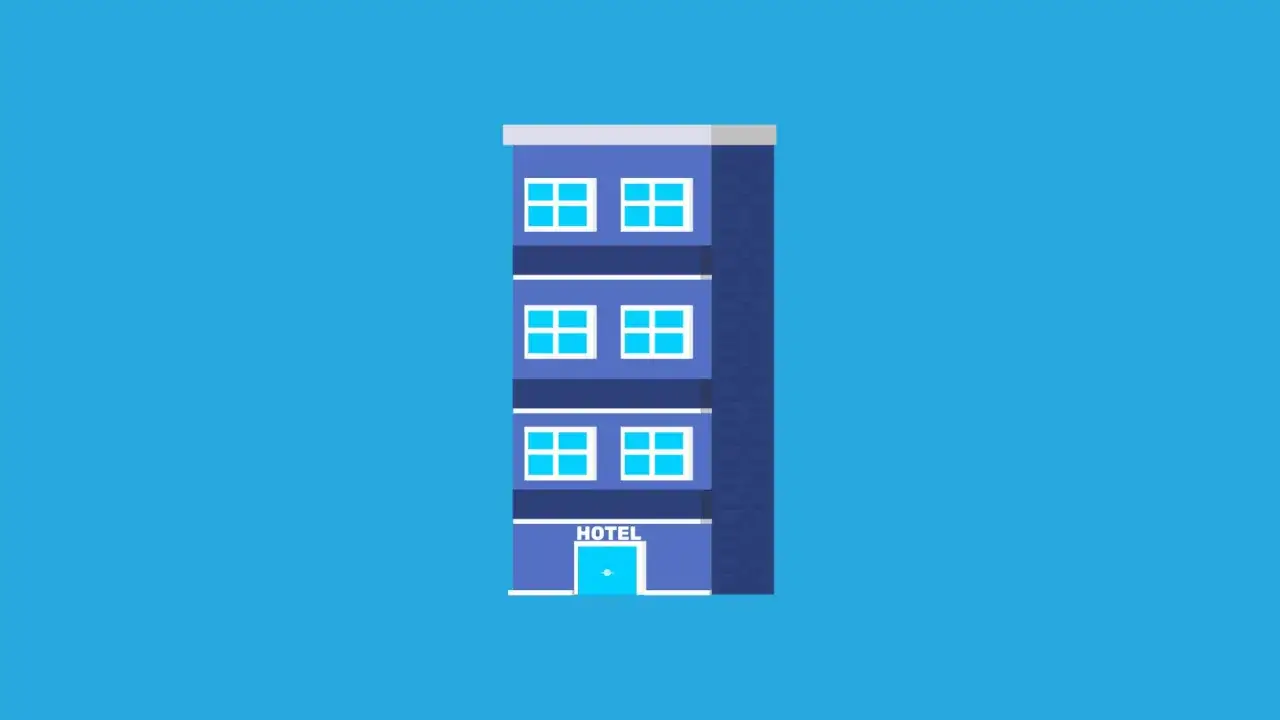 Ilustracja budynku hotelowego z oknami i napisem 