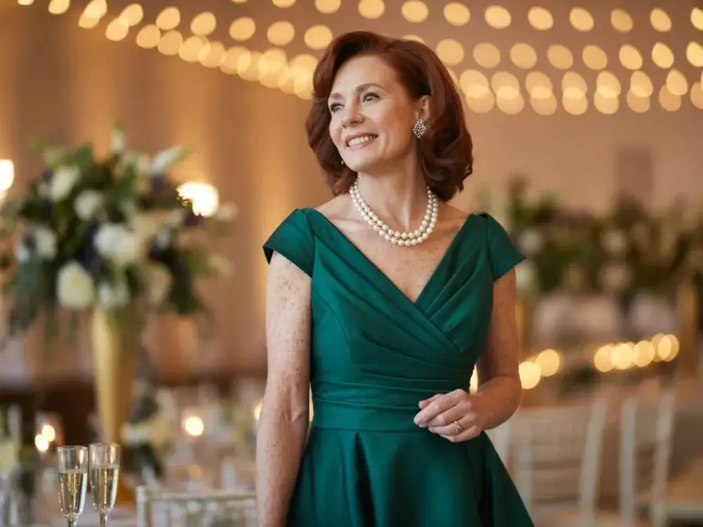 Elegancka kobieta po 50 na weselu w sukience midi