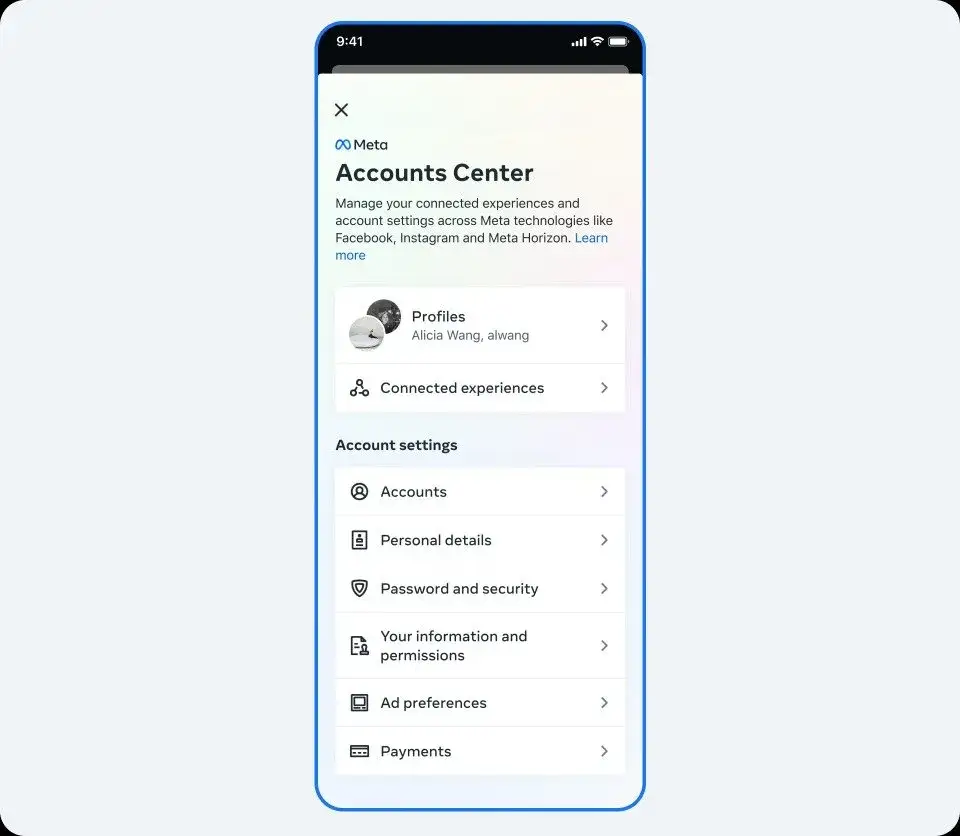 Facebook Centrum Kont Meta ustawienia profilu nazwa