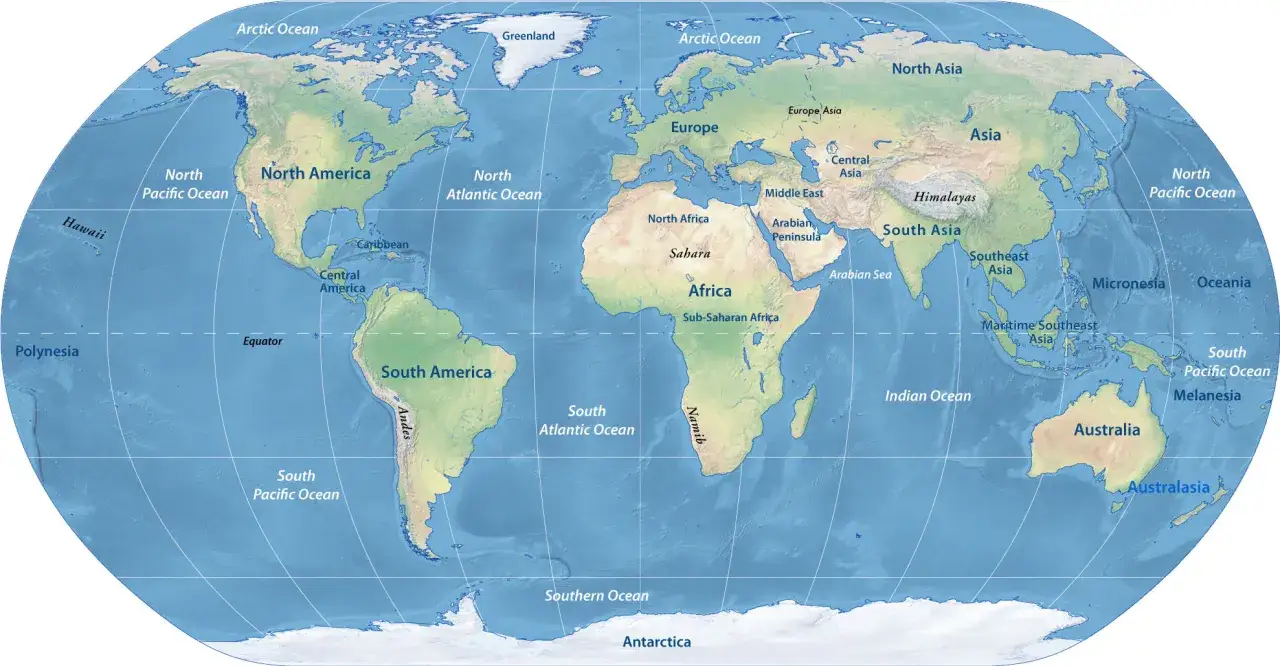 Mapa świata z zaznaczonymi kontynentami po angielsku: North America, South America, Africa, Europe, Asia, Australia, Antarctica.