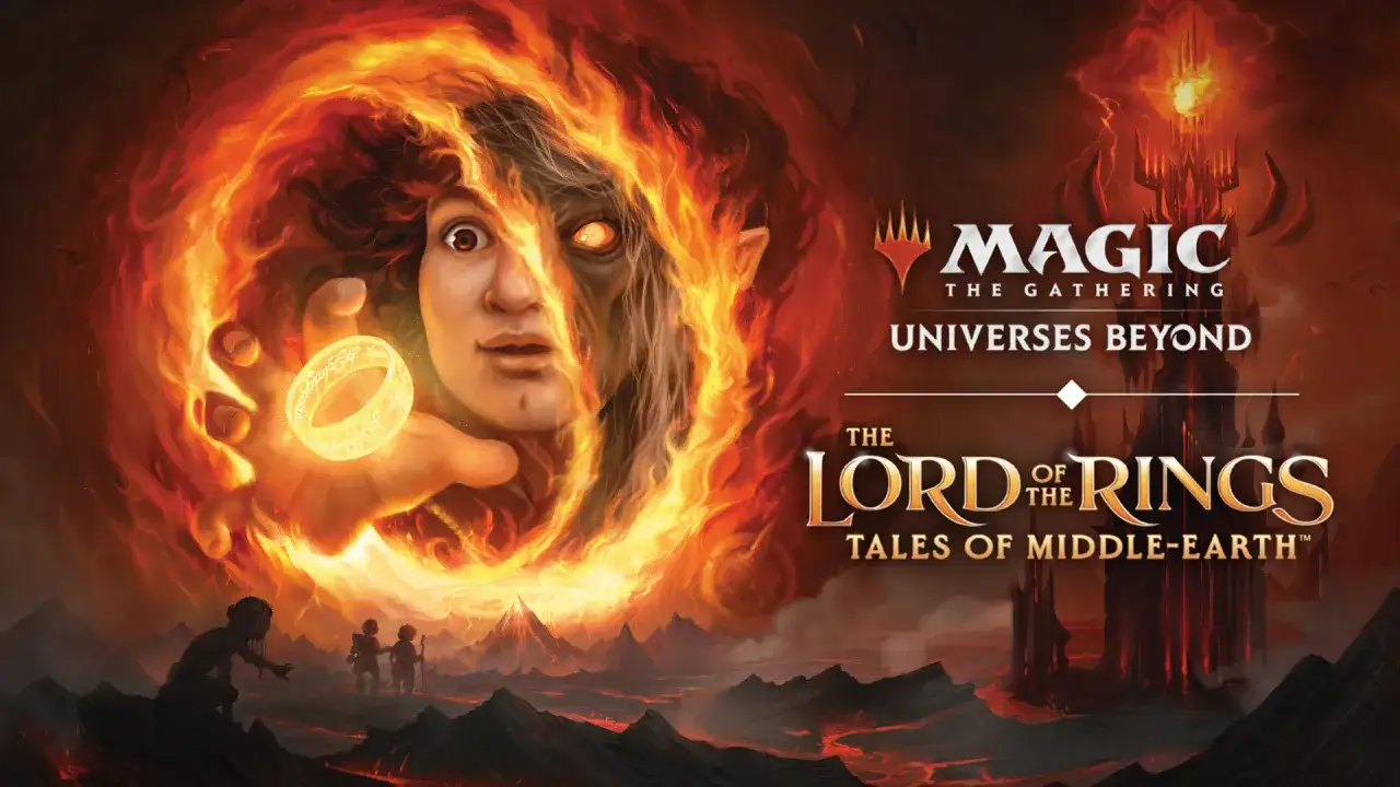 Magiczne karty Wizards of the Coast MTG: Władca Pierścieni. Sauron w ogniu trzyma Jedyny Pierścień, a u stóp góry widać hobbitów.