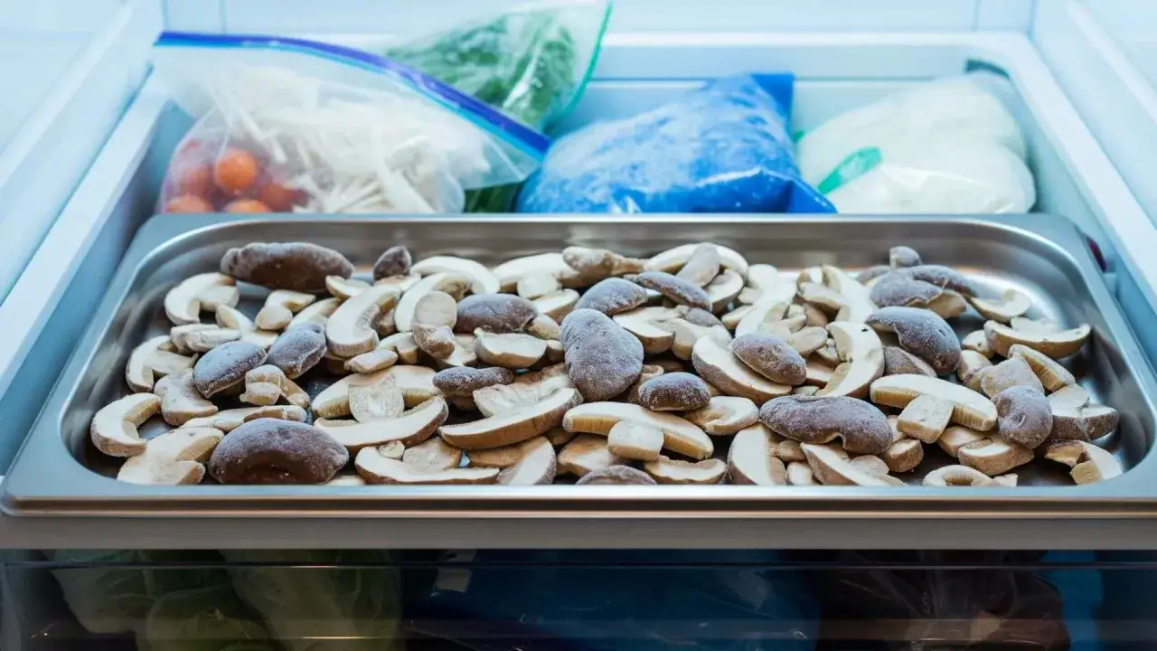 Pokrojone grzyby na tacy, gotowe do mrożenia. W tle widać woreczki z innymi mrożonkami.