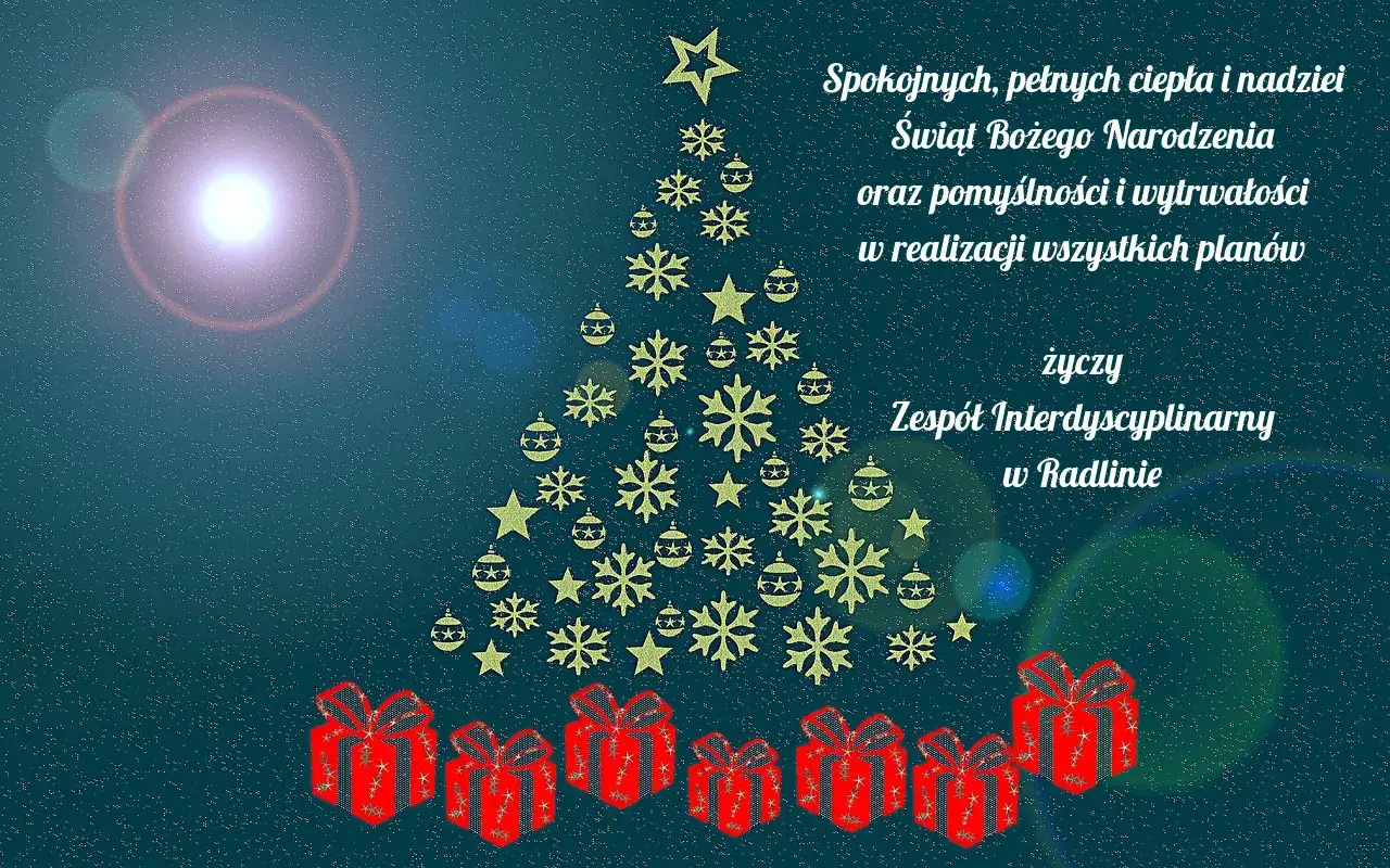 Życzenia na pierwszy dzień Świąt Bożego Narodzenia od Zespołu Interdyscyplinarnego w Radlinie. Choinka z płatków śniegu i gwiazdek, pod nią prezenty.