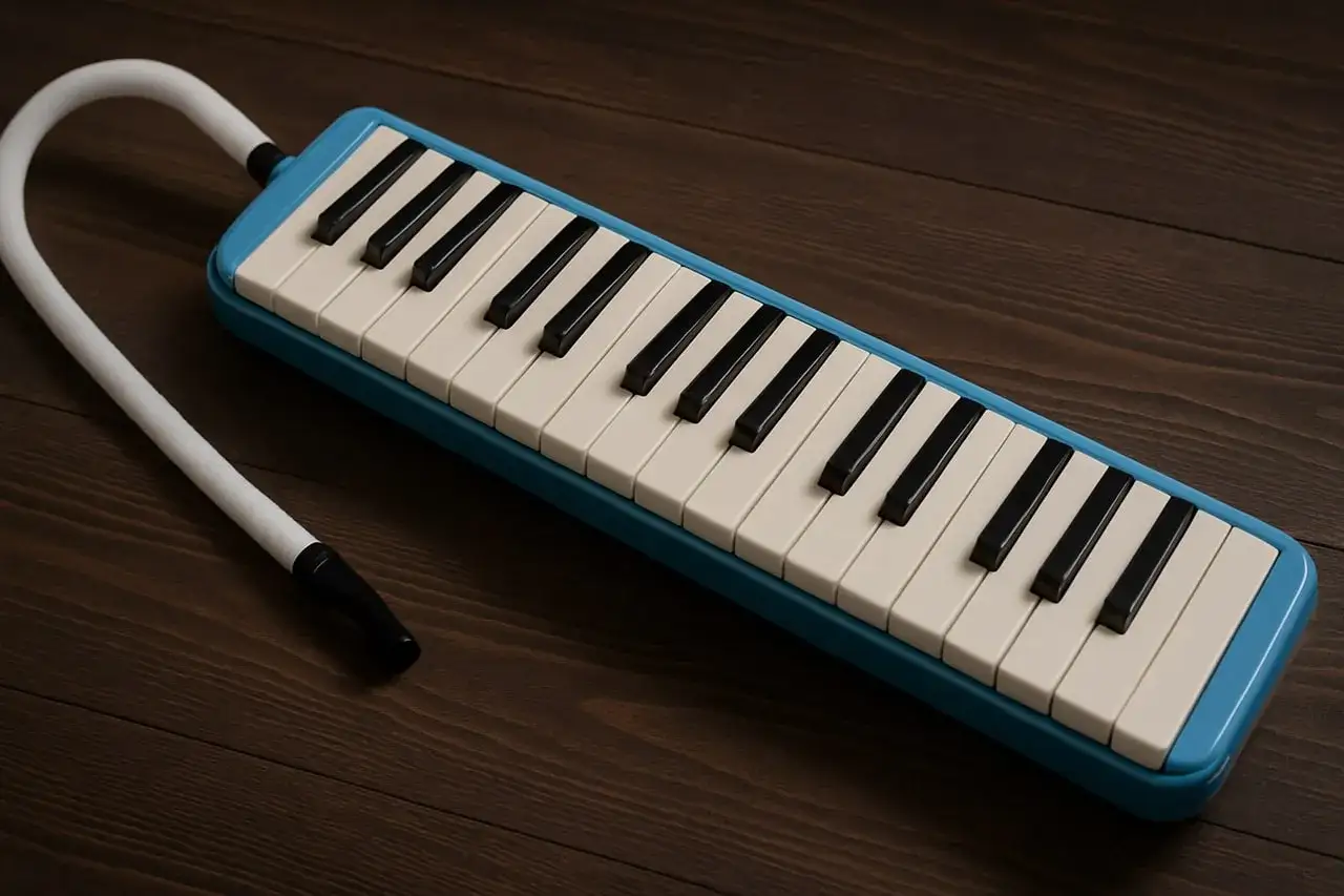 Niebieski melodion, jeden z instrumentów dętych klawiszowych, leży na drewnianym blacie.
