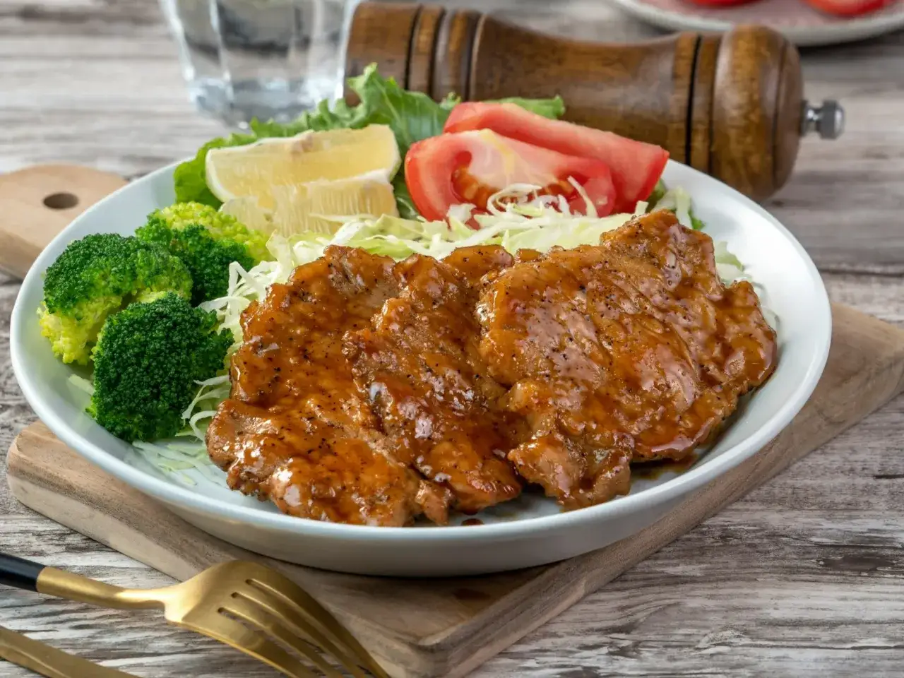Smażone mięso w sosie, podane z brokułami, pomidorem i cytryną. Idealne do przygotowania sosu z mięsa smażonego.