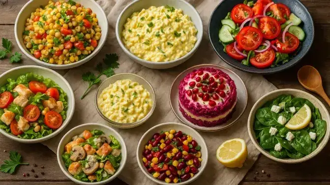 r&oacute;żnorodne zdrowe sałatki w miskach na lunch